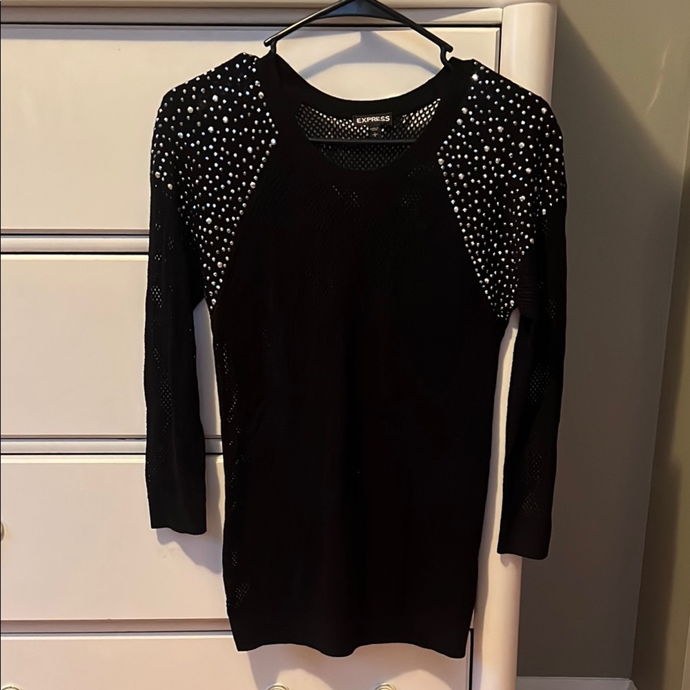 Express Black Fitted Blouse with 3/4 Sleeves and Embellished Shoulders